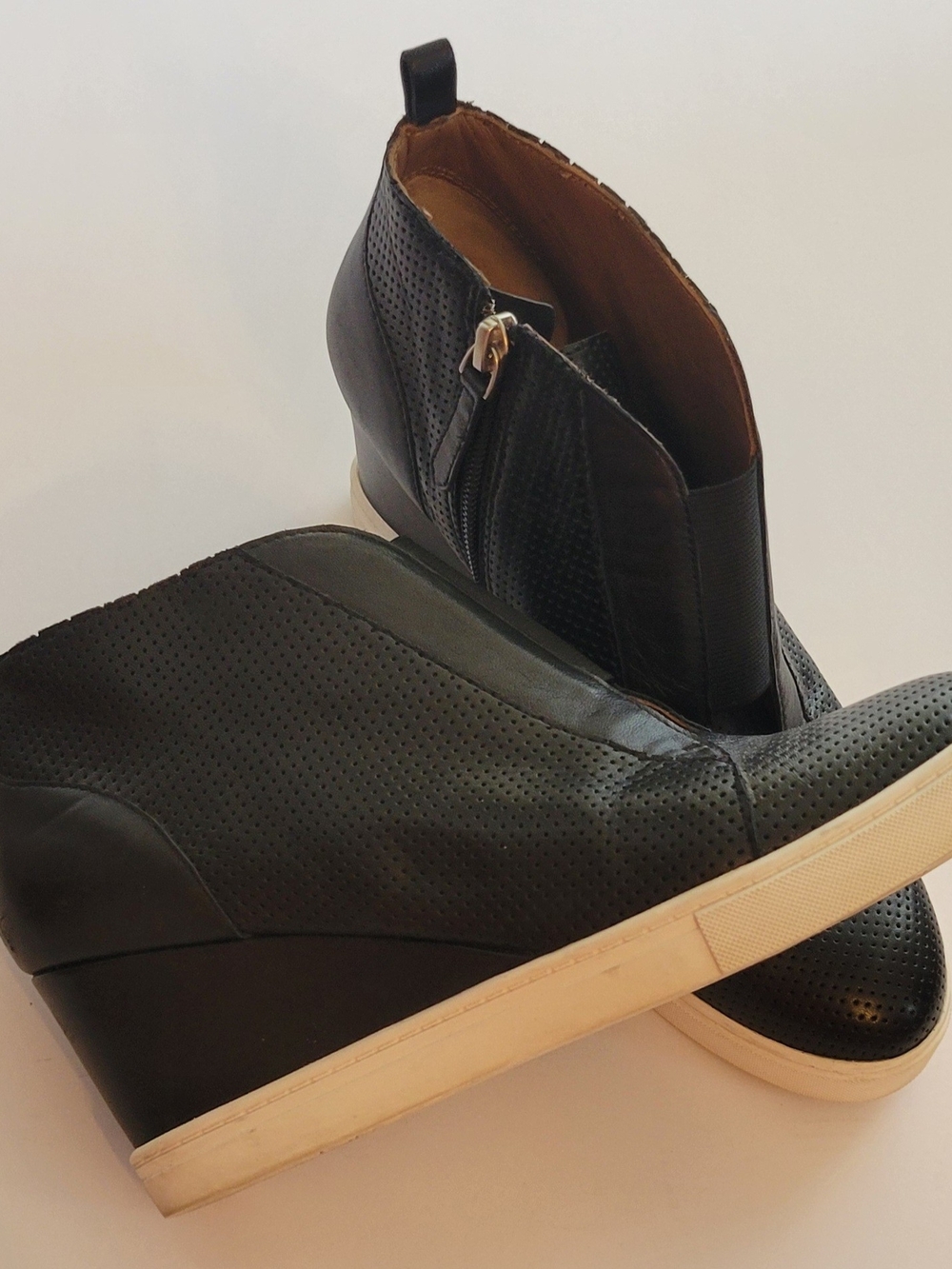 Linea Paolo Black Perforated Wedge Sneaker Boot with Cream Sole - Size 8